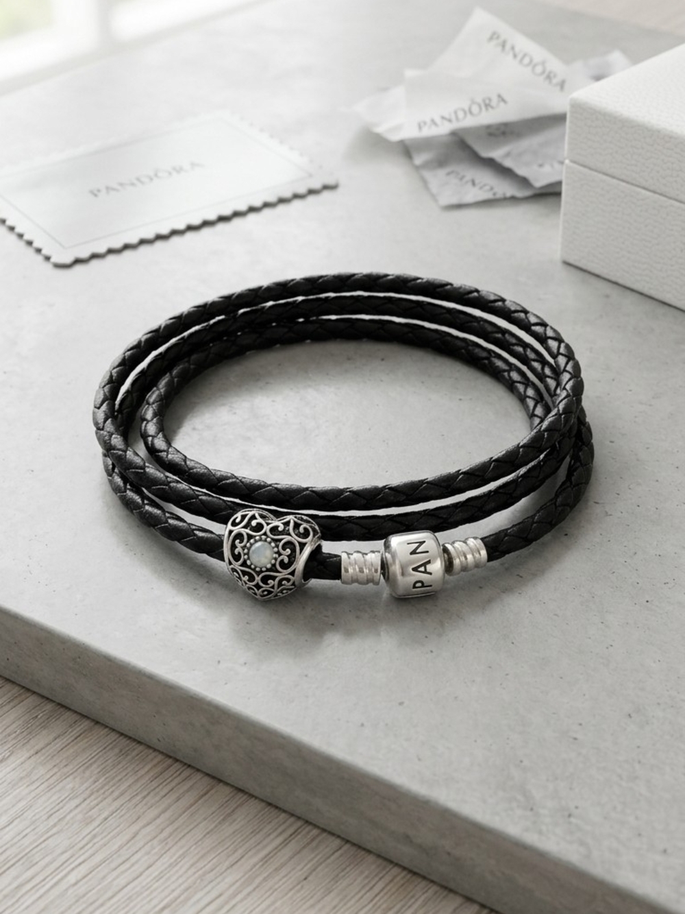 Pandora Black Braided Leather Wrap Bracelet with Silver Heart Charm